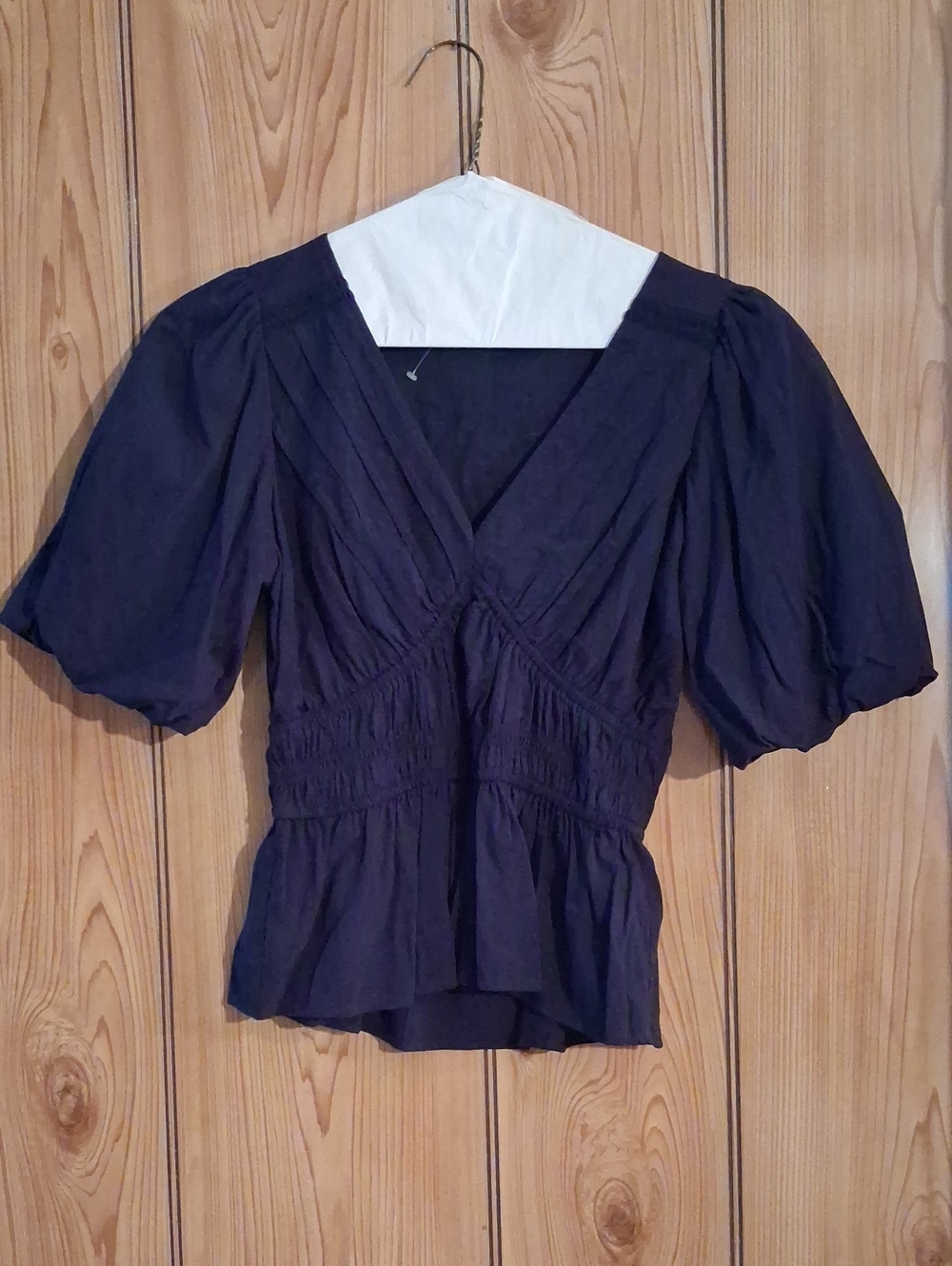 LOFT Navy Puff-Sleeve V-Neck Smocked Waist Blouse